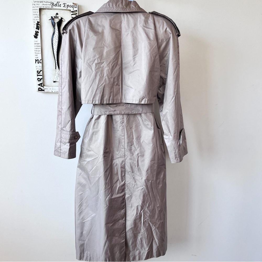 Vintage Minimalist Nylon Double Breasted Tan Trench Raincoat Size 6 - Picture 9 of 14
